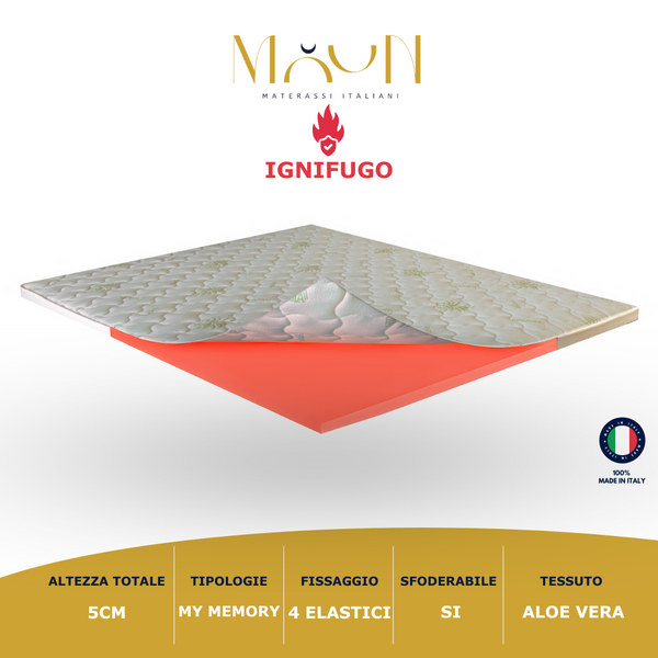 Topper 5cm Aloe vera in MyMemory Foam Liscio Ignifugo